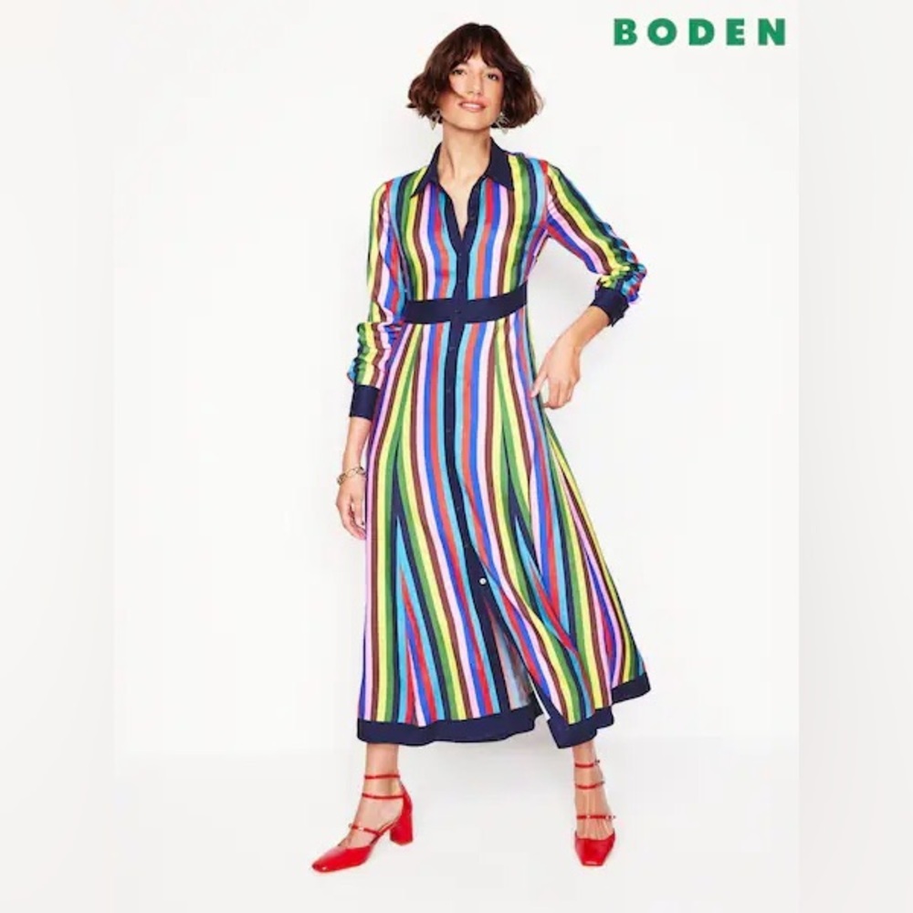 Boden Multicolor Rainbow Striped Midi/Maxi Shirt Dress 12 Petite Elegant Office
